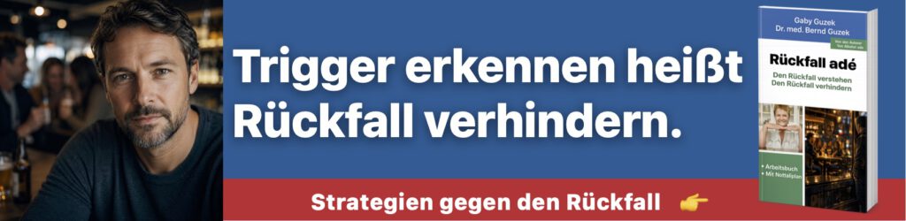 Mann blickt in einer Bar zuversichtlich in die Kamera als Symbol, dass er die Trink-Trigger erkannt hat und ihnen deshalb trotzen kann. Anzeige für das Buch "Rückfall adé"