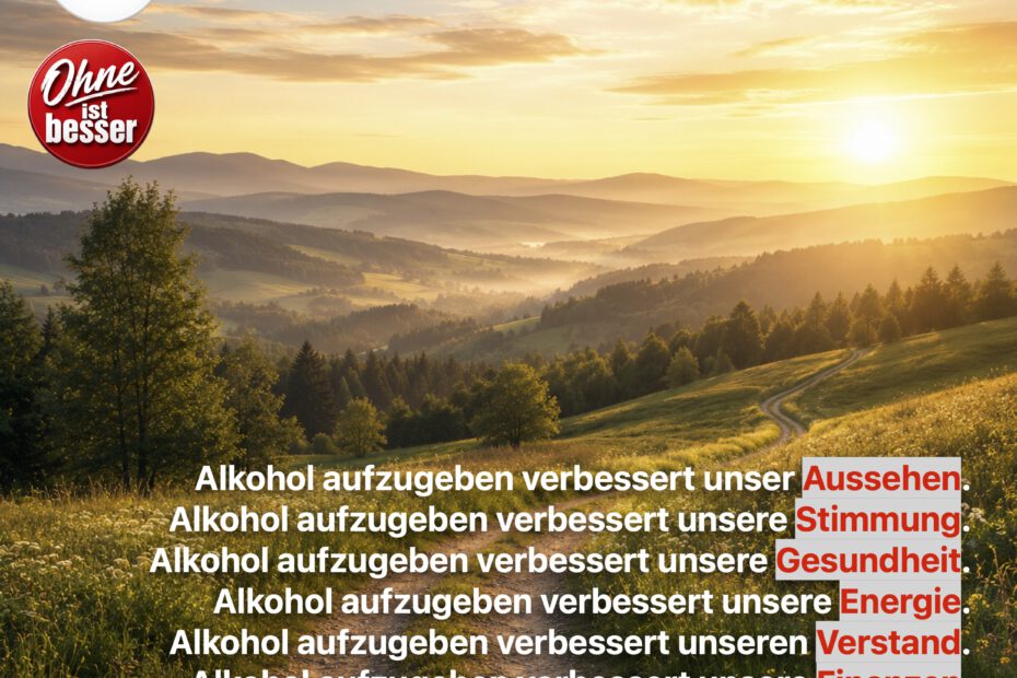 Ein geschwungener Feldweg führt durch eine sonnendurchflutete Hügellandschaft in die Ferne. Goldene Morgenstrahlen tauchen Wiesen, Bäume und sanfte Bergketten in warmes Licht. Die weite, friedliche Szenerie vermittelt Hoffnung, Freiheit und die Aussicht auf ein erfülltes Leben mit neuen Möglichkeiten.