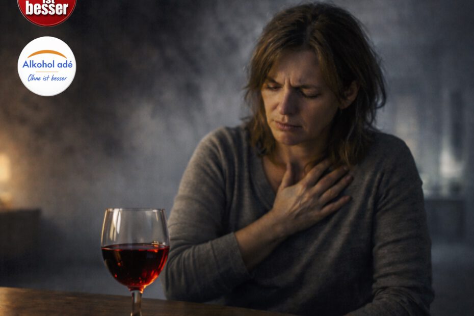 Frau in ihren 40ern sitzt nachts allein an einem Tisch, wirkt angespannt und hält eine Hand an die Brust. Vor ihr steht ein Glas Rotwein, das sie nicht berührt. Hinter ihr breitet sich eine dunkle, nebelartige Schattenfläche aus und verstärkt die bedrückende, angstvolle Stimmung.