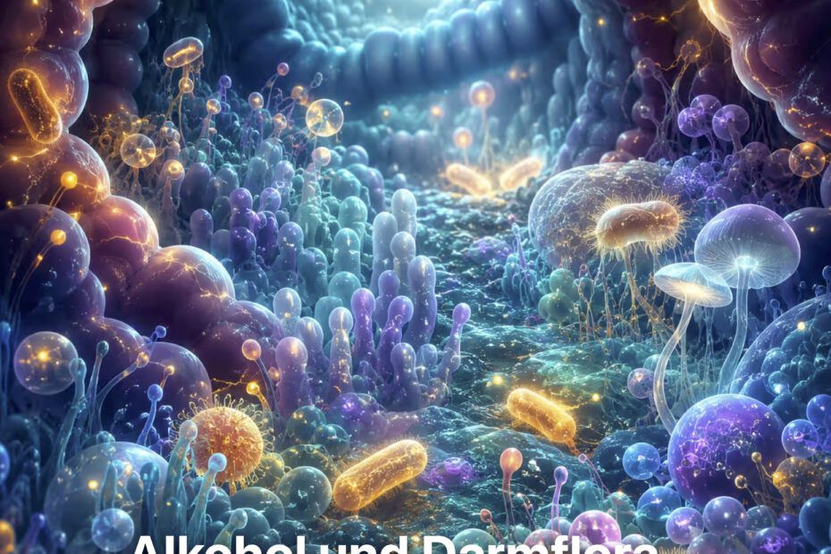 Künstlerische Darstellung der Darmflora: Eine leuchtende, biolumineszente Mikrokosmoslandschaft — wie ein Korallenriff in Miniatur, warm und lebendig. Sanfte organische Formen in Türkis, Violett und warmem Gold, die an Bakterienkolonien erinnern ohne explizit wissenschaftlich zu wirken.