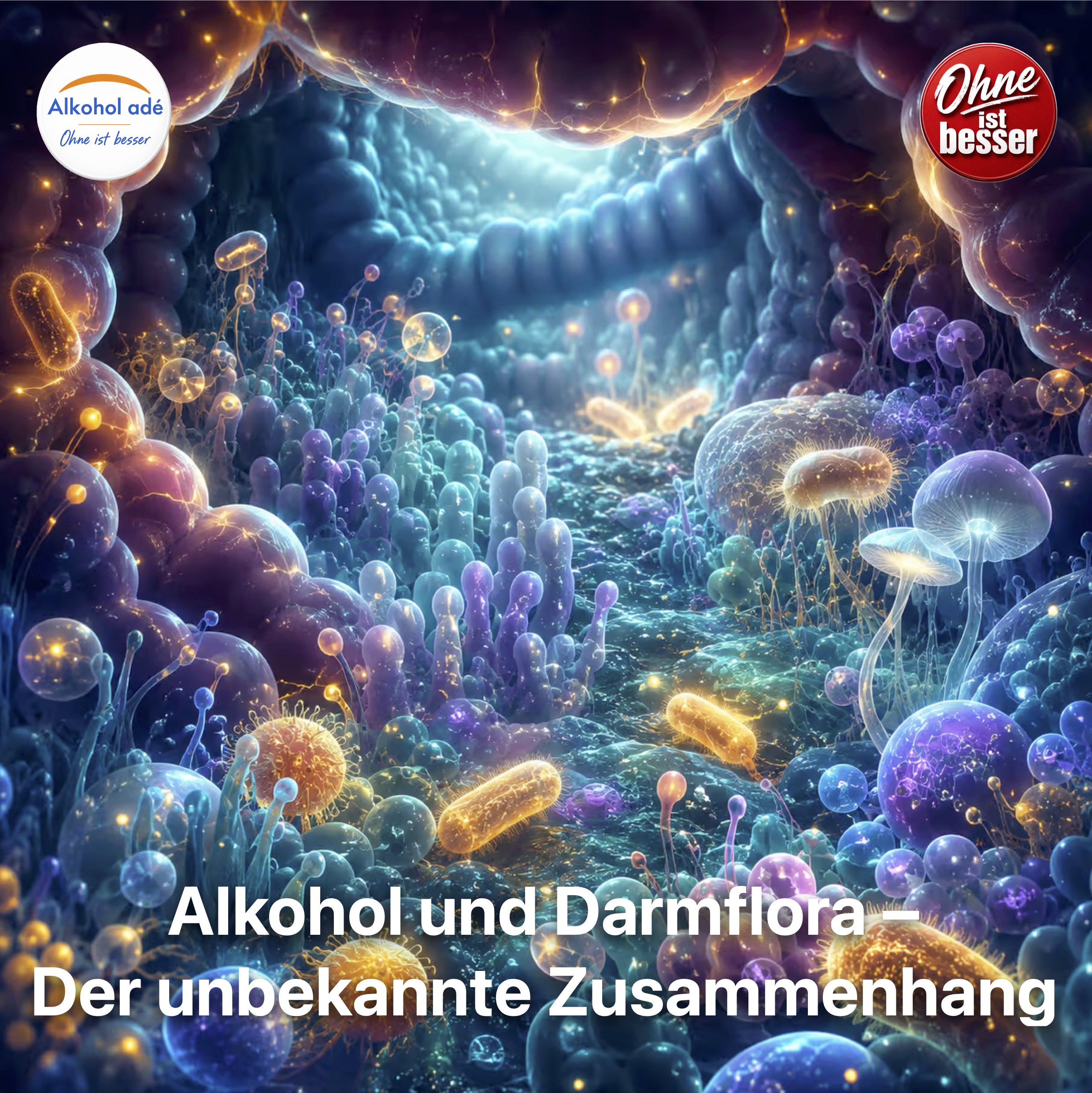 Künstlerische Darstellung der Darmflora: Eine leuchtende, biolumineszente Mikrokosmoslandschaft — wie ein Korallenriff in Miniatur, warm und lebendig. Sanfte organische Formen in Türkis, Violett und warmem Gold, die an Bakterienkolonien erinnern ohne explizit wissenschaftlich zu wirken.