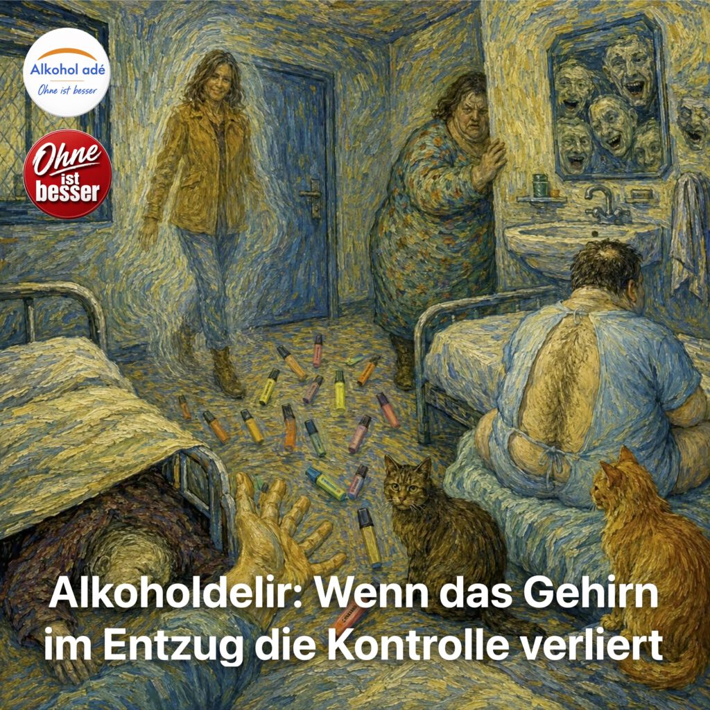 Surreale Krankenhauszimmerszene im Stil von Vincent van Gogh: Eine Frau in brauner Wildlederjacke scheint geisterhaft durch die Wand zu treten, während eine bedrohlich übergewichtige Gestalt hinter einem Vorsprung hervorlugt. Im Spiegel lachen verzerrte Fratzen. Auf dem Boden liegen bunte Stabilo-Stifte wie in einem grotesken Tanz verteilt. Unter einem Bett ragt der Körper einer alten Frau hervor. Zwei Katzen sitzen im Vordergrund und schauen aufmerksam zum Betrachter. Ein schwerer Mann im offenen OP-Hemd sitzt mit dem Rücken zur Szene auf einem Krankenbett. Das ganze Bild wirkt wirbelnd, fiebrig und halluzinatorisch – wie ein Albtraum während eines Alkoholdelirs.