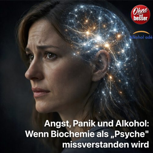 Frau im Halbprofil mit ängstlichem Gesichtsausdruck, im Kopf visualisierte neuronale Überaktivität als Lichtlinien – Symbol für alkoholbedingte Angst durch gestörte Neurochemie