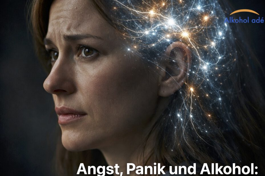 Frau im Halbprofil mit ängstlichem Gesichtsausdruck, im Kopf visualisierte neuronale Überaktivität als Lichtlinien – Symbol für alkoholbedingte Angst durch gestörte Neurochemie