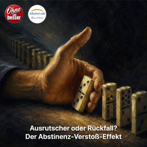 Eine Hand hält einen umfallenden Dominostein auf und verhindert, dass die restliche Reihe kippt. Das dunkle, gemäldeartige Motiv symbolisiert die Möglichkeit, einen Rückfall rechtzeitig zu stoppen und nach einem Fehler eine neue Entscheidung zu treffen.
