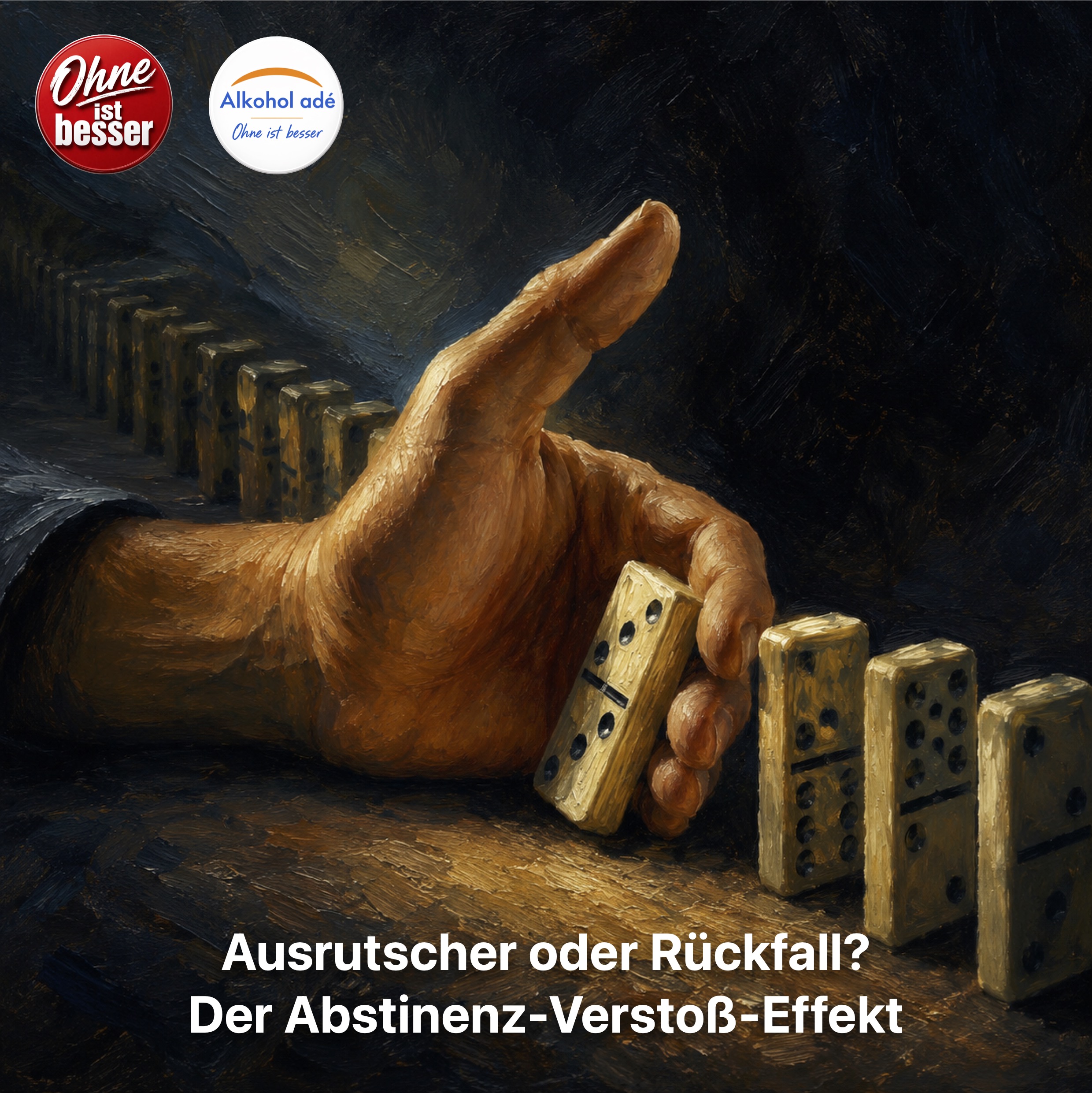Eine Hand hält einen umfallenden Dominostein auf und verhindert, dass die restliche Reihe kippt. Das dunkle, gemäldeartige Motiv symbolisiert die Möglichkeit, einen Rückfall rechtzeitig zu stoppen und nach einem Fehler eine neue Entscheidung zu treffen.