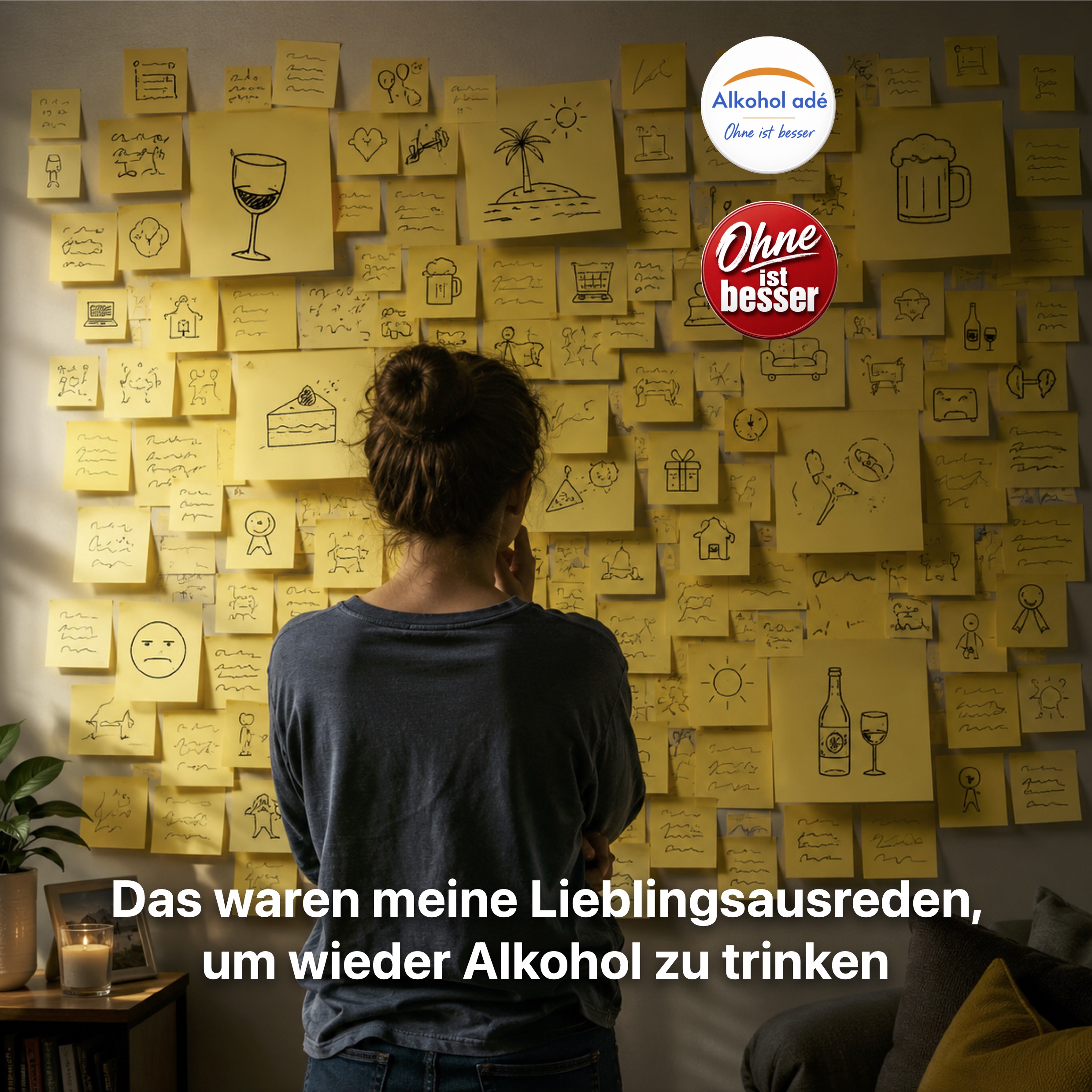 Eine nachdenkliche Person steht vor einer Wand voller gelber Haftnotizen. Die vielen Zettel wirken wie eine Sammlung innerer Argumente und Rechtfertigungen. Das warme Licht und die konzentrierte Haltung verdeutlichen den inneren Dialog und die Vielzahl scheinbar plausibher Ausreden, die Menschen nutzen, um wieder zum Alkohol zu greifen.