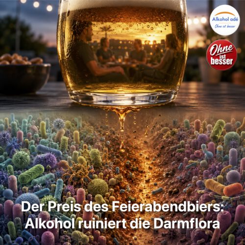 Ein scheinbar harmloses Feierabendbier steht im Mittelpunkt des Bildes. Unter dem Glas öffnet sich eine farbenreiche mikroskopische Welt aus Darmbakterien. Tropfen aus dem Bier reißen eine breite Schneise durch diese lebendige Gemeinschaft und symbolisieren, wie Alkohol das Gleichgewicht der Darmflora stören und nützliche Mikroorganismen verdrängen kann. Photorealistische Illustration mit wissenschaftlicher Symbolik.