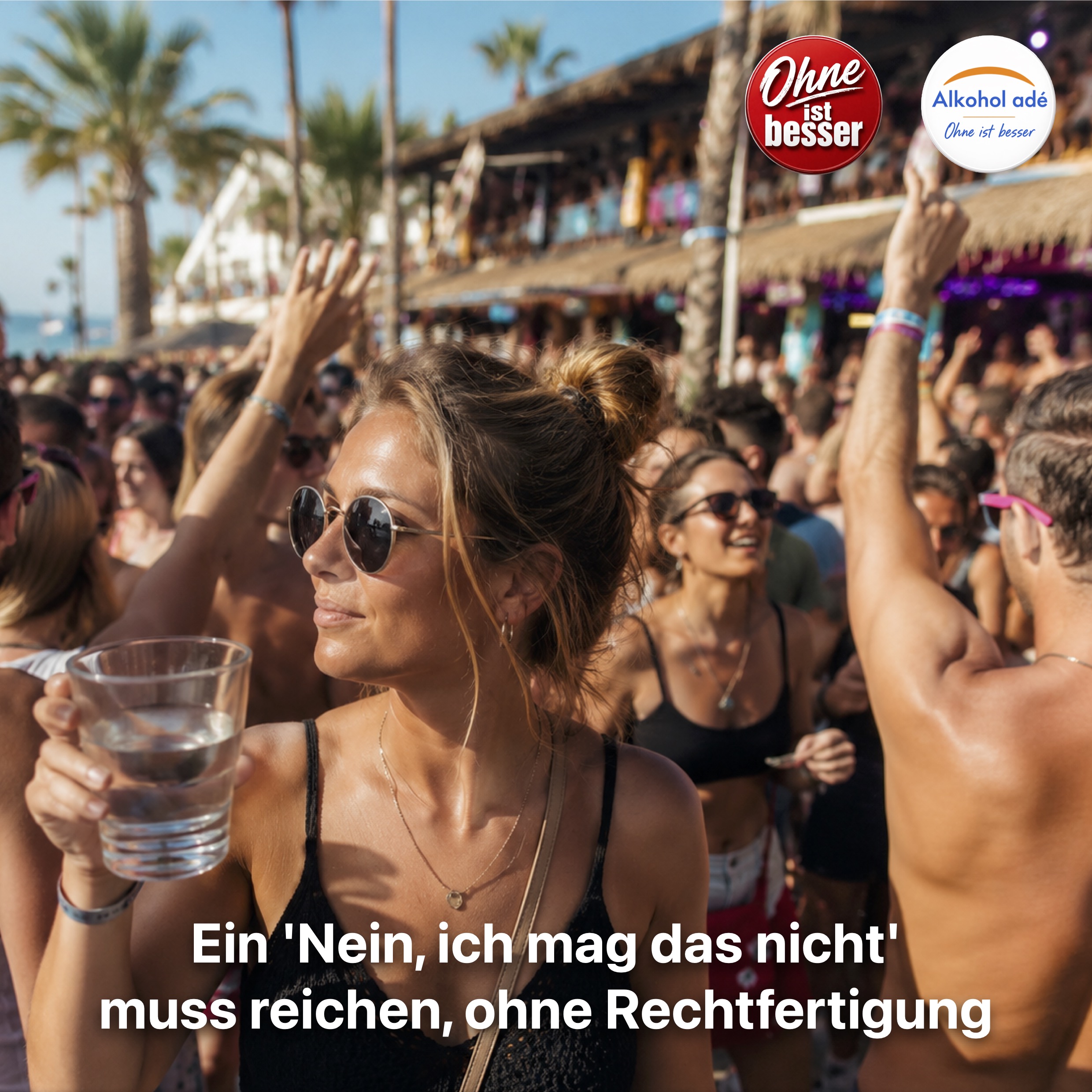 Eine Frau steht mitten in einer ausgelassenen Partyszene an einem belebten Strandclub auf Mallorca. Während um sie herum Menschen tanzen und feiern, hält sie gelassen ein Glas Wasser in der Hand und blickt selbstbewusst in die Ferne. Palmen, Sommerlicht und die dicht gedrängte Menge vermitteln Partystimmung, während die Frau Ruhe und Unabhängigkeit ausstrahlt.