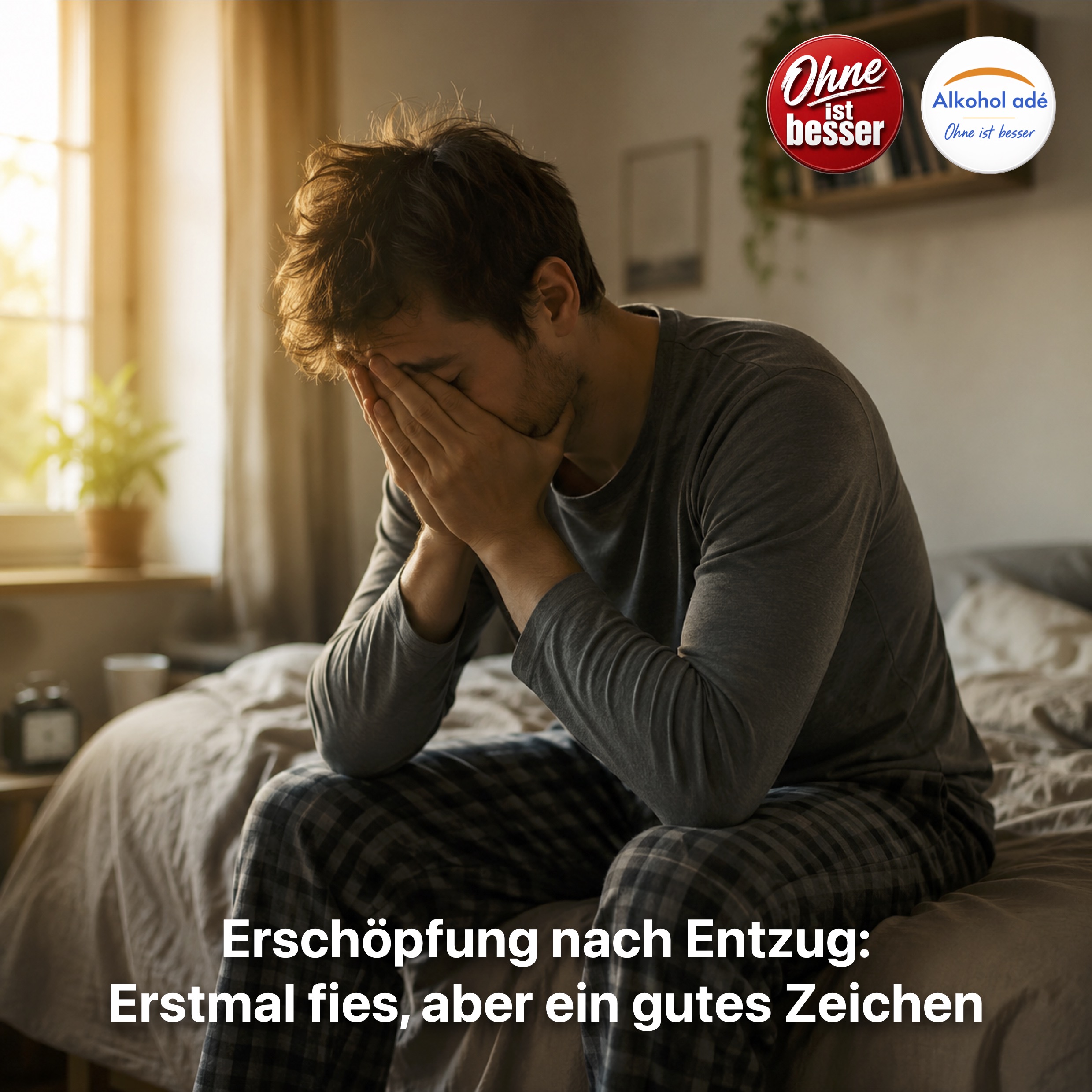 Mann sitzt erschöpft auf Bettkante. Symbol für die Erschöpdung nach Alkoholentzug (PAWS, Post-Entzugs-Syndrom)