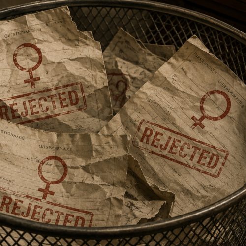 Ein metallener Papierkorb im Stil der 1940er-Jahre ist mit zerknüllten Fragebögen gefüllt. Auf mehreren Bögen sind gut sichtbar das weibliche Symbol (♀) und ein roter „REJECTED“-Stempel zu erkennen. Im Hintergrund stehen ein alter Holzschreibtisch und Karteischubladen in warmem, gedämpftem Licht. Die Szene vermittelt den Eindruck, dass bestimmte Datensätze oder Personengruppen systematisch aussortiert wurden.