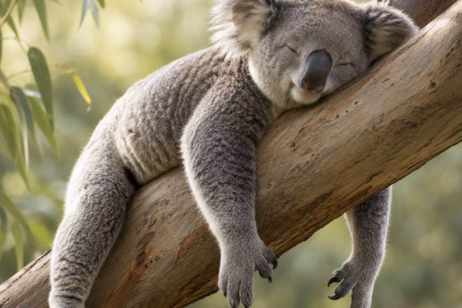 Ein Koala schläft tief entspannt bäuchlings auf einem schräg verlaufenden Eukalyptusast. Arme und Beine hängen locker nach unten, die Augen sind geschlossen. Warmes Sonnenlicht und ein weich verschwommener Hintergrund aus grünen Blättern verleihen der Szene eine außergewöhnliche Ruhe und Gelassenheit.