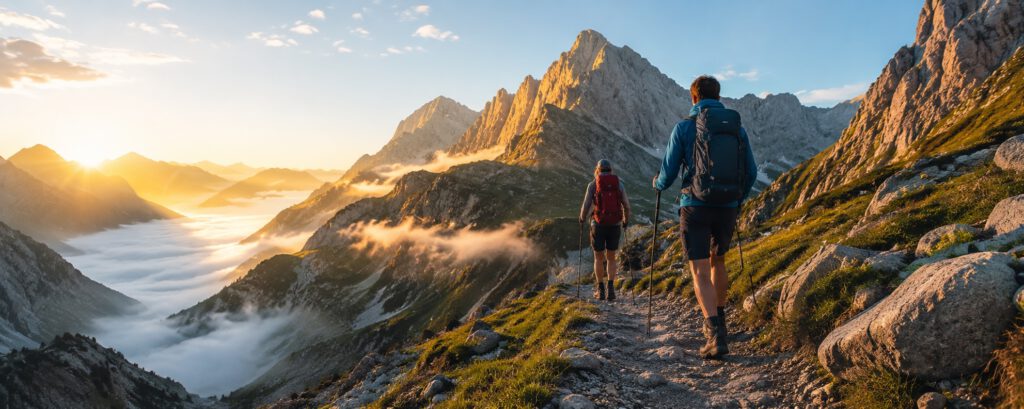 Zwei Wanderer auf einem Gebirgspfad im Morgenlicht