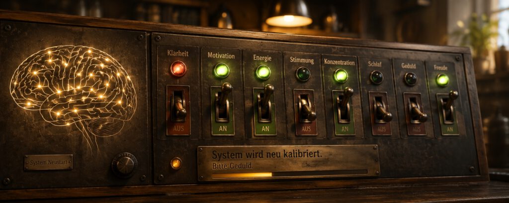 Schaltpult mit Gehirngrafik als Symbol für die Neukalibrierung nach Alkoholentzug