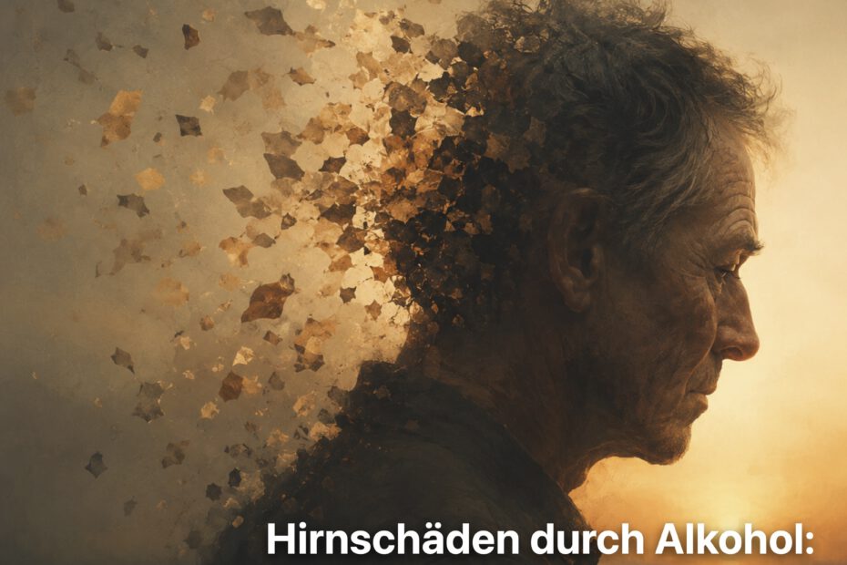 Seitenansicht eines nachdenklichen Mannes im warmen Abendlicht. Der Hinterkopf löst sich in leuchtende, goldbraune Fragmente auf, die wie verwehende Erinnerungen in die Luft treiben. Die melancholische, ruhige Szene vermittelt Vergänglichkeit, Nachdenklichkeit und den allmählichen Verlust von Erinnerungen. Photorealistische, malerische Darstellung in warmen, gedämpften Farbtönen.
