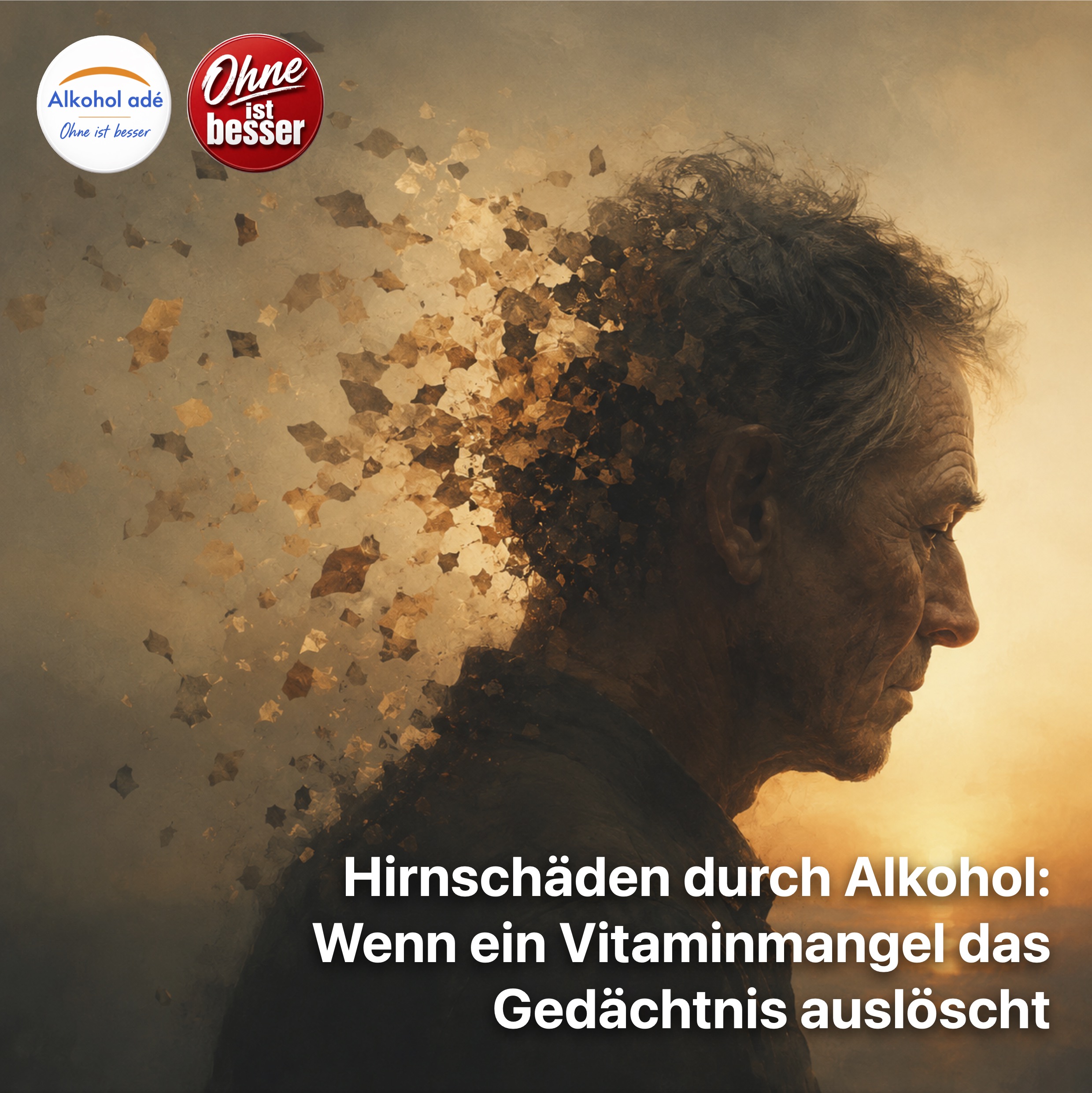 Seitenansicht eines nachdenklichen Mannes im warmen Abendlicht. Der Hinterkopf löst sich in leuchtende, goldbraune Fragmente auf, die wie verwehende Erinnerungen in die Luft treiben. Die melancholische, ruhige Szene vermittelt Vergänglichkeit, Nachdenklichkeit und den allmählichen Verlust von Erinnerungen. Photorealistische, malerische Darstellung in warmen, gedämpften Farbtönen.