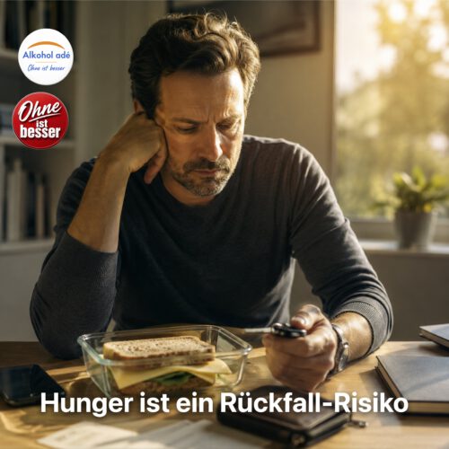 Nachdenklicher Mann sitzt am späten Nachmittag an einem Tisch im warmen Sonnenlicht. Vor ihm steht ein einfaches Käsebrot in einer Glasbox. Er wirkt erschöpft und unruhig, während er gedankenverloren einen Schlüssel in der Hand hält. Die Szene symbolisiert, dass hinter vermeintlichem Alkoholverlangen oft schlicht Hunger steckt.