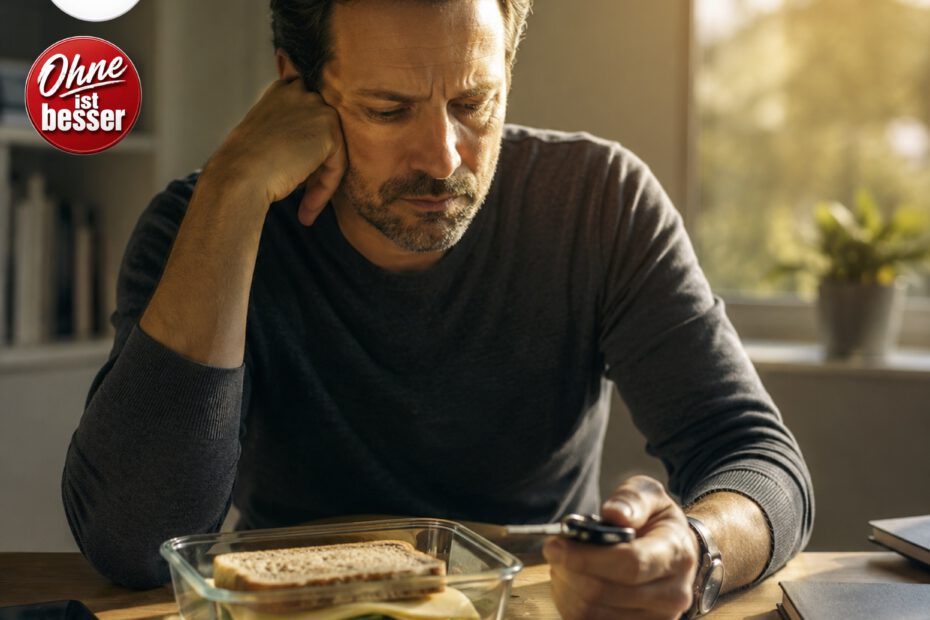 Nachdenklicher Mann sitzt am späten Nachmittag an einem Tisch im warmen Sonnenlicht. Vor ihm steht ein einfaches Käsebrot in einer Glasbox. Er wirkt erschöpft und unruhig, während er gedankenverloren einen Schlüssel in der Hand hält. Die Szene symbolisiert, dass hinter vermeintlichem Alkoholverlangen oft schlicht Hunger steckt.
