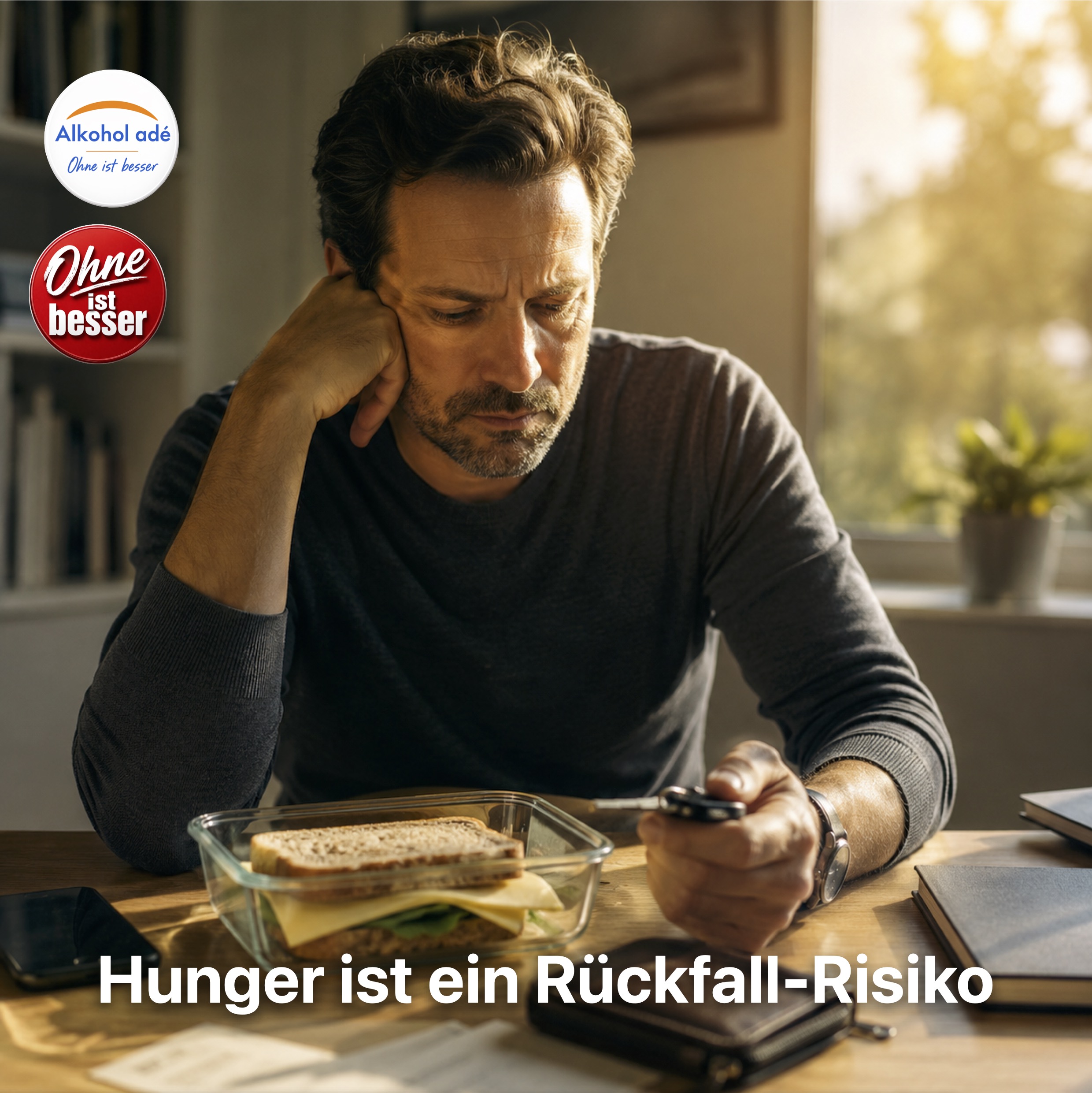 Nachdenklicher Mann sitzt am späten Nachmittag an einem Tisch im warmen Sonnenlicht. Vor ihm steht ein einfaches Käsebrot in einer Glasbox. Er wirkt erschöpft und unruhig, während er gedankenverloren einen Schlüssel in der Hand hält. Die Szene symbolisiert, dass hinter vermeintlichem Alkoholverlangen oft schlicht Hunger steckt.