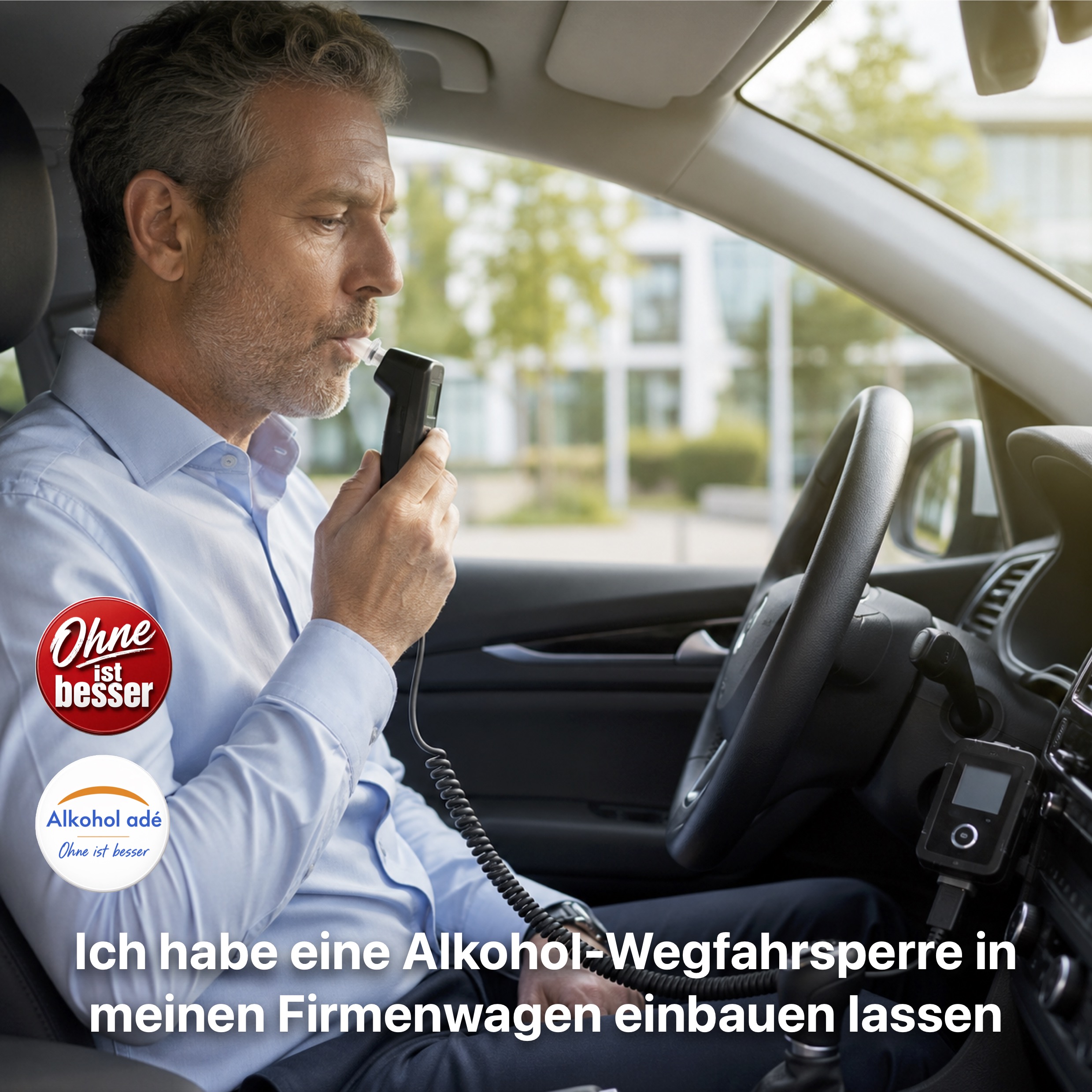 Ein gepflegter Mann mittleren Alters sitzt am Steuer eines Firmenwagens und bläst vor dem Start in ein Alkohol-Interlock-Gerät. Sein Blick wirkt ruhig und konzentriert. Das angeschlossene Messgerät ist sichtbar am Armaturenbrett befestigt und symbolisiert verantwortungsbewusstes Handeln und die aktive Sicherstellung der Fahrtüchtigkeit.