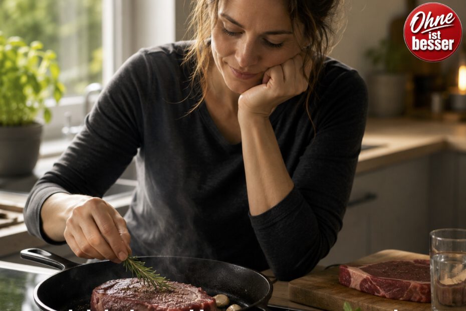 Eine Frau bereitet in einer hellen Küche konzentriert ein Entrecôte in einer Pfanne zu. Die ruhige, alltägliche Szene vermittelt den Eindruck eines bewussten Neuanfangs und einer gesunden Entscheidung für sich selbst.
