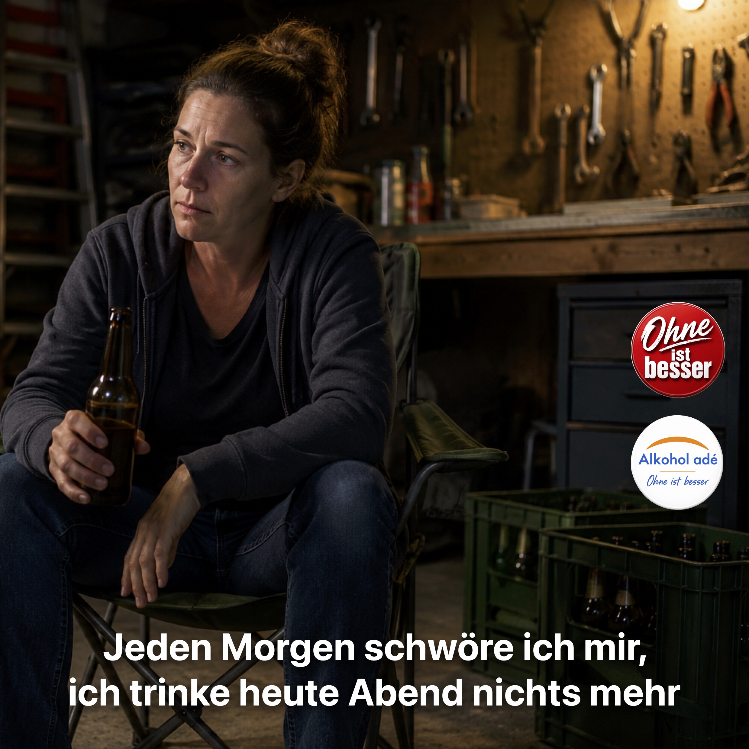 Frau sitzt abends allein auf einem Campingstuhl in einer Garage und hält eine Bierflasche in der Hand. Ihr nachdenklicher Blick wirkt erschöpft und resigniert. Im Hintergrund stehen Getränkekästen und Werkzeuge, die warme Beleuchtung unterstreicht die stille Einsamkeit der Szene. Die Atmosphäre vermittelt den Kreislauf aus Vorsätzen am Morgen und erneutem Trinken am Abend.
