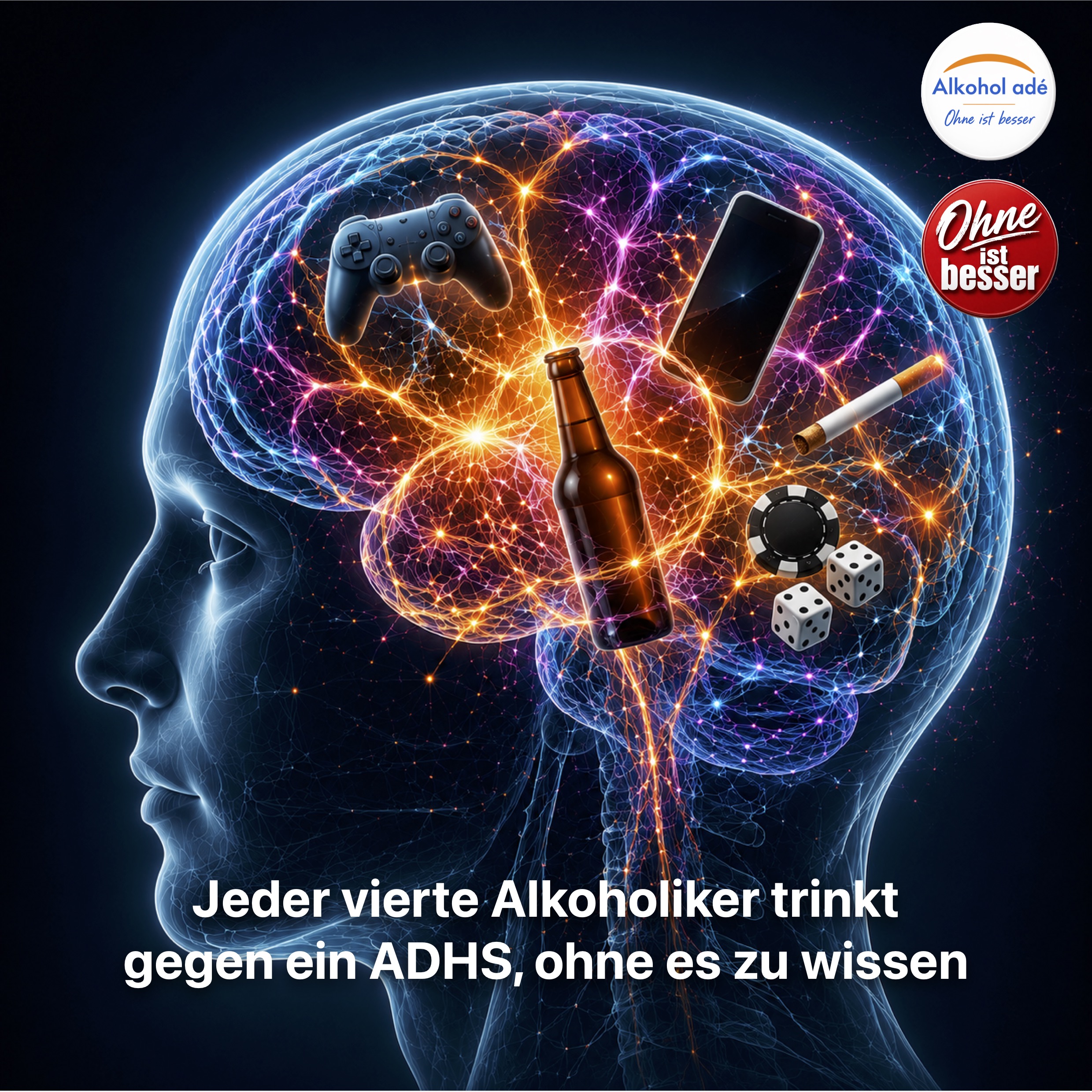 Künstlerische Darstellung eines übererregten Gehirns zusammen mit Suchtmitteln