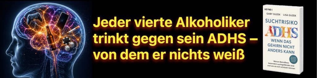 Ad für des Buch "Suchtrisiko ADHS" von Gaby Guzek und Lisa Guzek