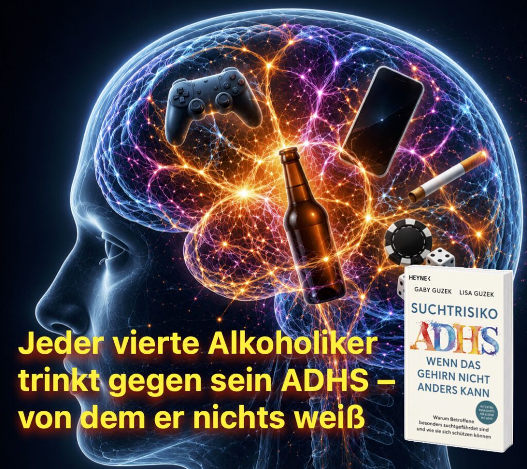 Ad für des Buch "Suchtrisiko ADHS" von Gaby Guzek und Lisa Guzek
