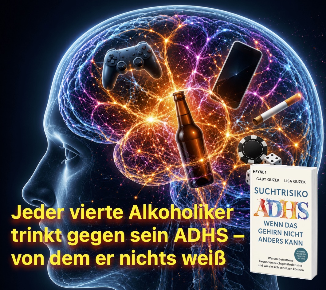 Ad für des Buch "Suchtrisiko ADHS" von Gaby Guzek und Lisa Guzek