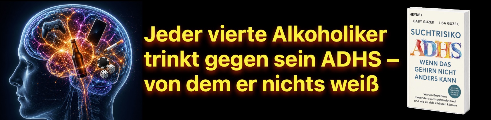 Ad für des Buch "Suchtrisiko ADHS" von Gaby Guzek und Lisa Guzek