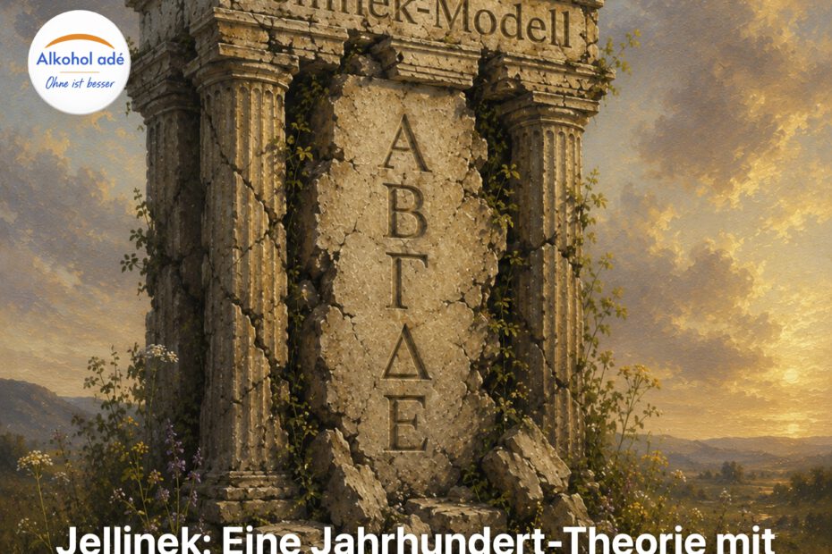 Künstlerische Darstellung einer zerfallenden Stele. Aufschrift: Jellinek-Modell mit den von ihm propagierten Trinkertypen, die durch die NESARC-Studien längst widerlegt sind.
