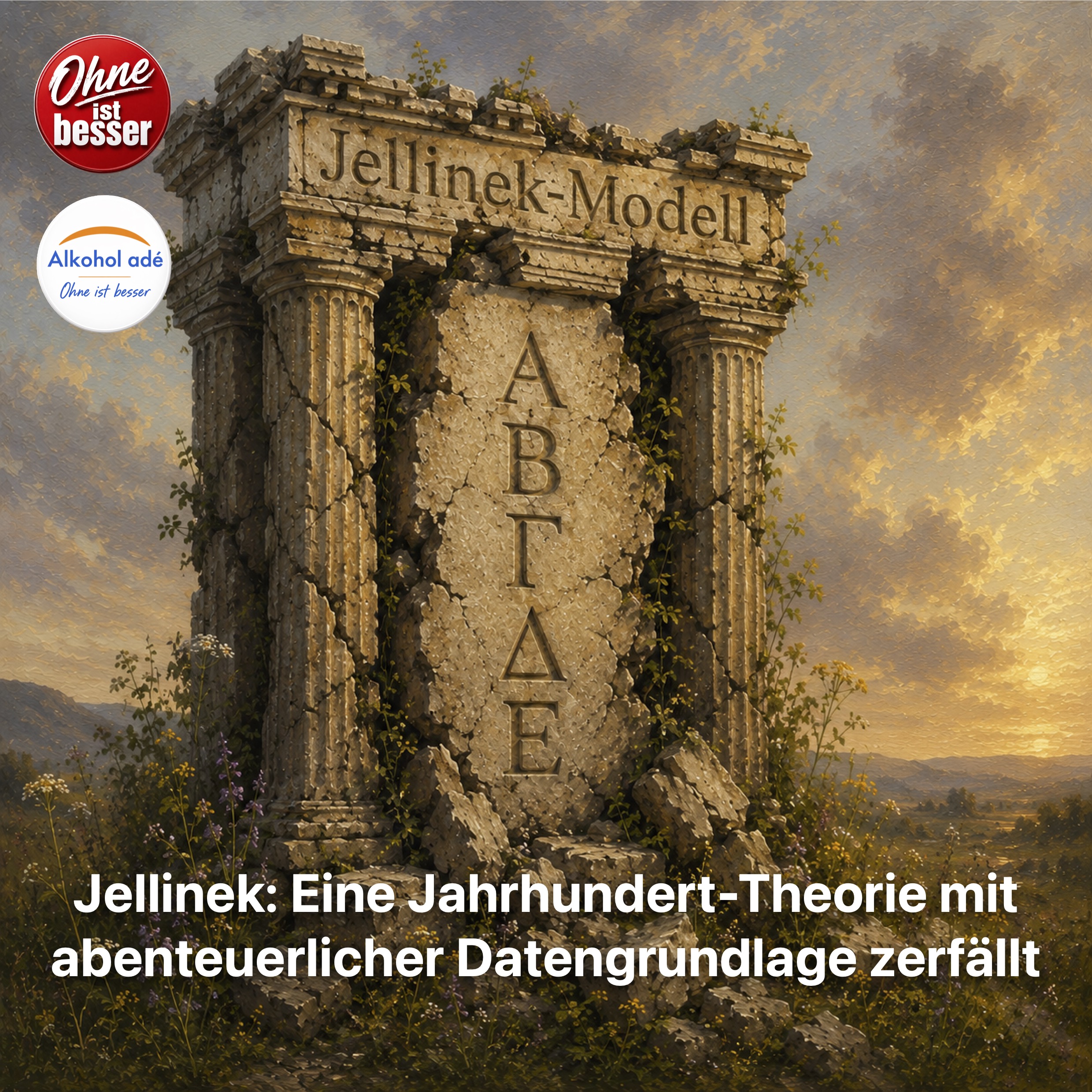 Künstlerische Darstellung einer zerfallenden Stele. Aufschrift: Jellinek-Modell mit den von ihm propagierten Trinkertypen, die durch die NESARC-Studien längst widerlegt sind.