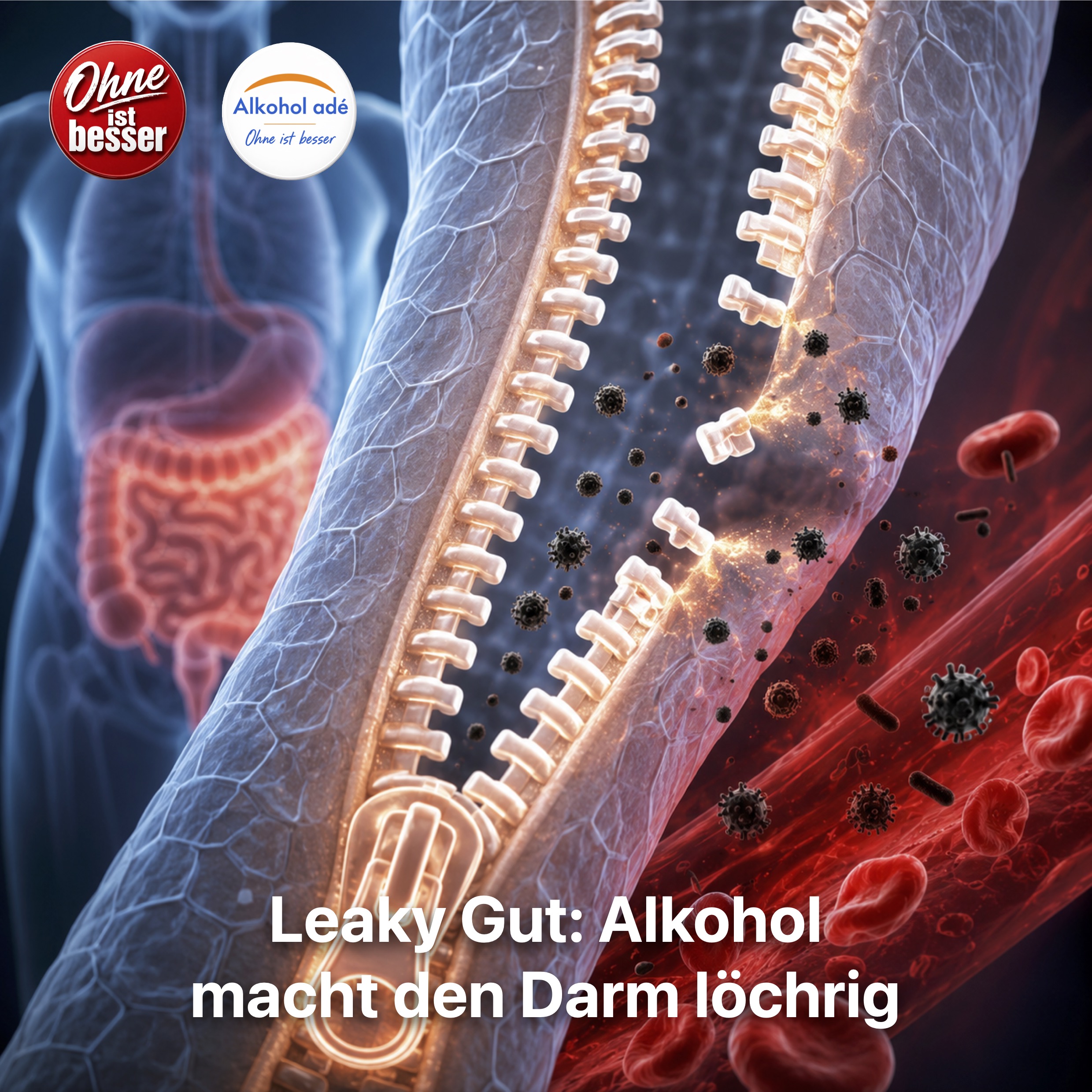 Symbolische medizinische Illustration eines geöffneten Reißverschlusses als Darmbarriere. Dunkle Partikel gelangen durch die entstandene Lücke in einen roten Blutstrom. Im Hintergrund ist schemenhaft ein menschlicher Oberkörper mit hervorgehobenem Verdauungstrakt zu erkennen. Das Bild veranschaulicht einen durch Alkohol verursachten „Leaky Gut“, bei dem die Schutzfunktion der Darmwand gestört ist.