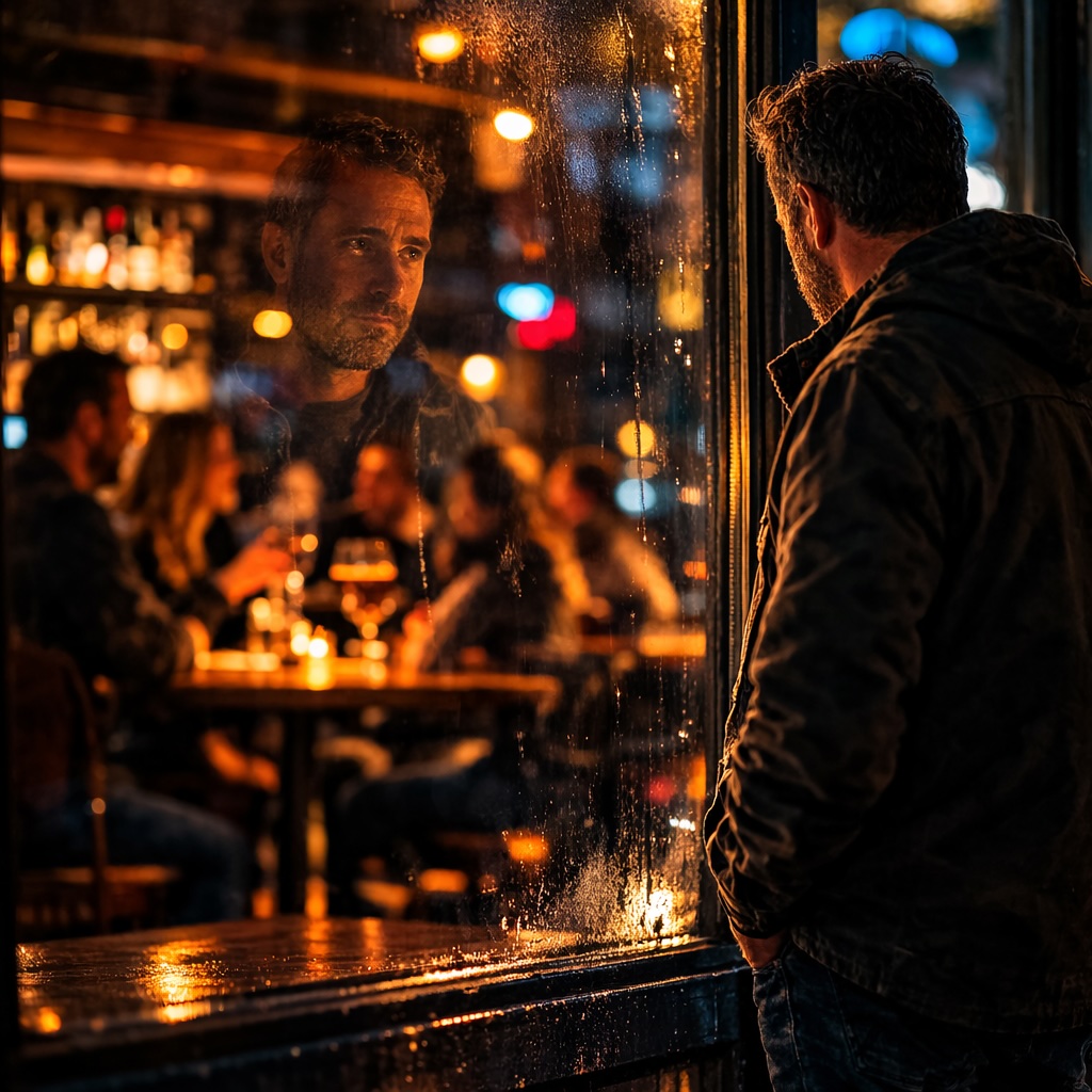 Mann steht vor seiner alten Stammkneipe und schaut alten Freunden zu, die drinnen trinken. Sinnbild für die Romantisierung vor einem Rückfall.