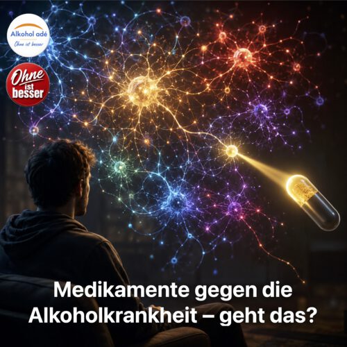 Ein nachdenklicher Mann sitzt im Halbdunkel und blickt auf ein komplexes, farbig leuchtendes Netzwerk aus neuronalen Verbindungen. Eine einzelne Kapsel beleuchtet nur einen kleinen Teil dieses Systems, während viele andere Bereiche weiter aktiv bleiben. Das Bild symbolisiert, dass Alkohol viele verschiedene Botenstoffsysteme im Gehirn gleichzeitig beeinflusst und deshalb keine einzelne „Wunderpille“ alle Probleme lösen kann.