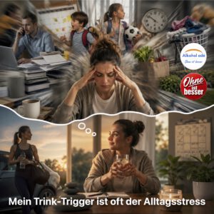 Eine erschöpfte Frau sitzt mit geschlossenen Augen und den Händen an den Schläfen, während um sie herum die Anforderungen des Alltags – Beruf, Kinder, Haushalt, Garten und Termine – wie ein hektischer Strudel wirken. Im unteren Bildteil erscheint derselbe Mensch in einer ruhigen, entspannten Situation mit einem Glas Wasser und einem Notizbuch. Das Motiv symbolisiert den Zusammenhang zwischen Alltagsstress, Suchtdruck und dem Finden neuer, alkoholfreier Wege zur Entspannung.