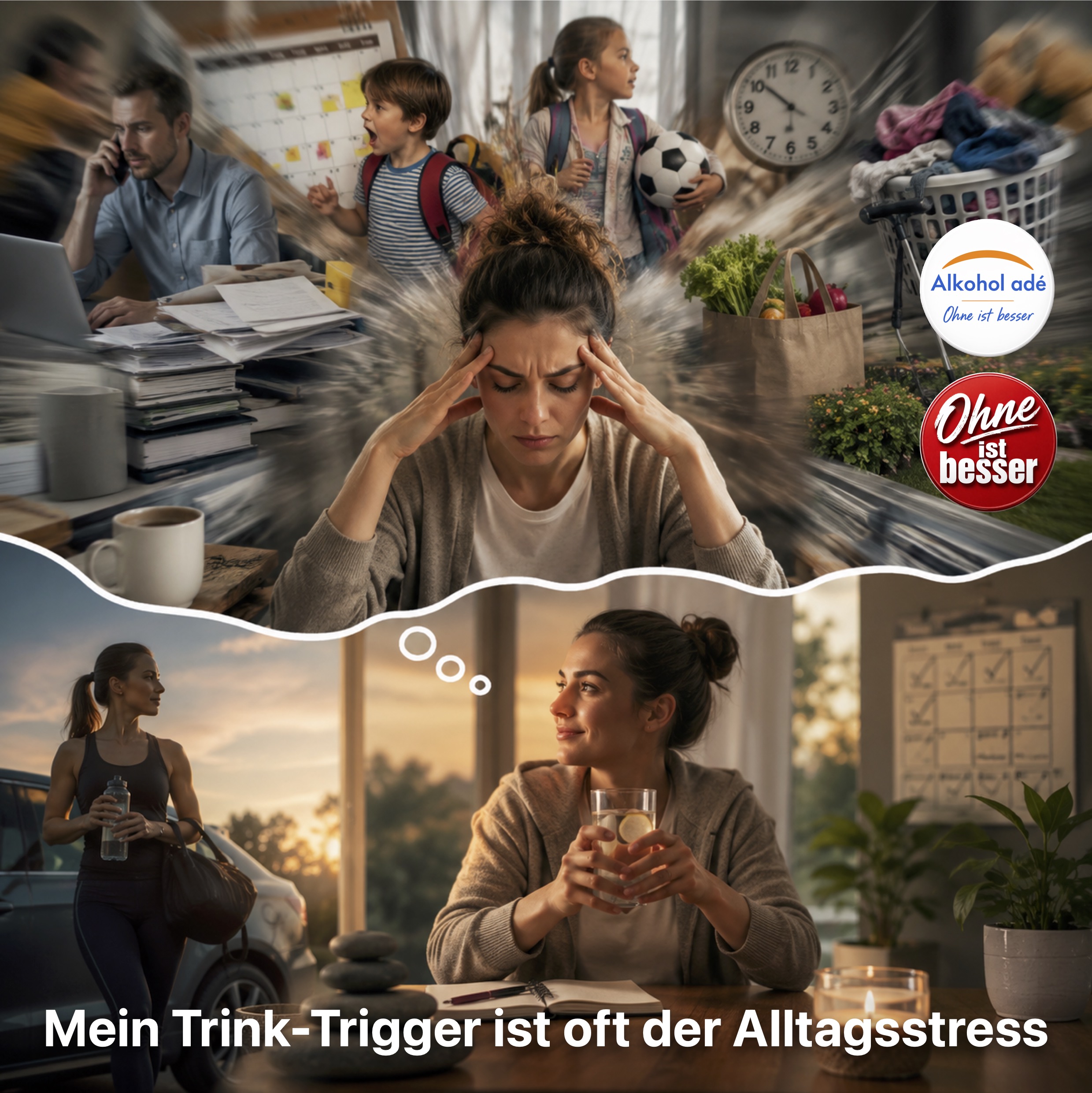 Eine erschöpfte Frau sitzt mit geschlossenen Augen und den Händen an den Schläfen, während um sie herum die Anforderungen des Alltags – Beruf, Kinder, Haushalt, Garten und Termine – wie ein hektischer Strudel wirken. Im unteren Bildteil erscheint derselbe Mensch in einer ruhigen, entspannten Situation mit einem Glas Wasser und einem Notizbuch. Das Motiv symbolisiert den Zusammenhang zwischen Alltagsstress, Suchtdruck und dem Finden neuer, alkoholfreier Wege zur Entspannung.