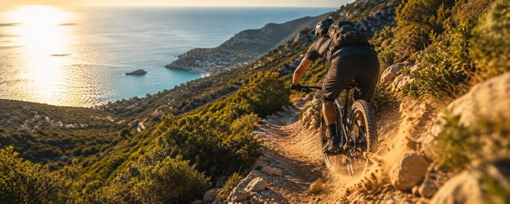 Mountainbiker auf einem Küstentrail mit Blick aufs Meer