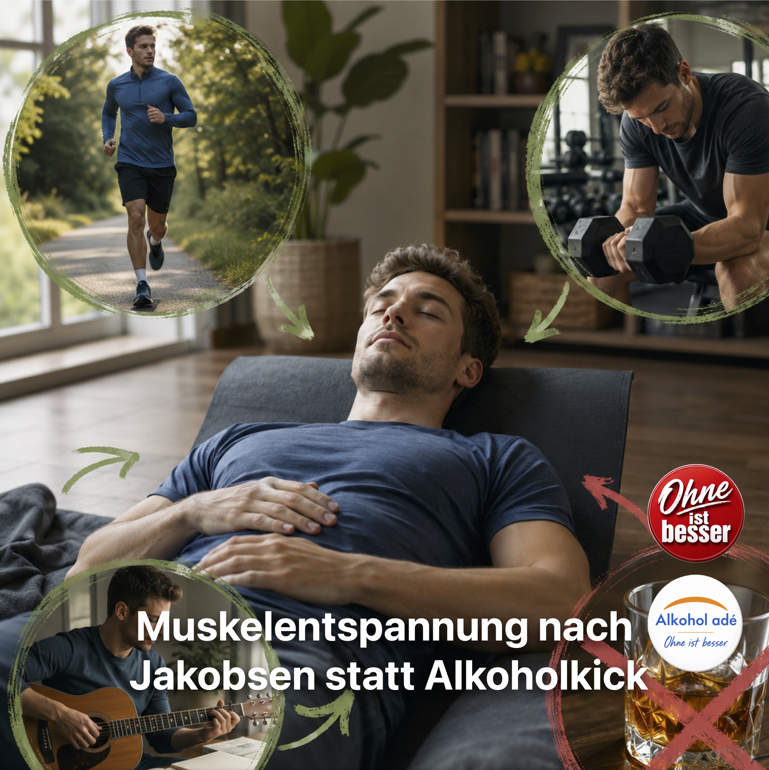 Ein Mann liegt entspannt mit geschlossenen Augen auf einer Trainingsmatte und übt progressive Muskelentspannung. Um ihn herum symbolisieren Szenen wie Joggen, Krafttraining und Musizieren gesunde Wege zum Stressabbau. Die Bildkomposition vermittelt Ruhe, Selbstfürsorge und die Suche nach Entspannung ohne Alkohol.