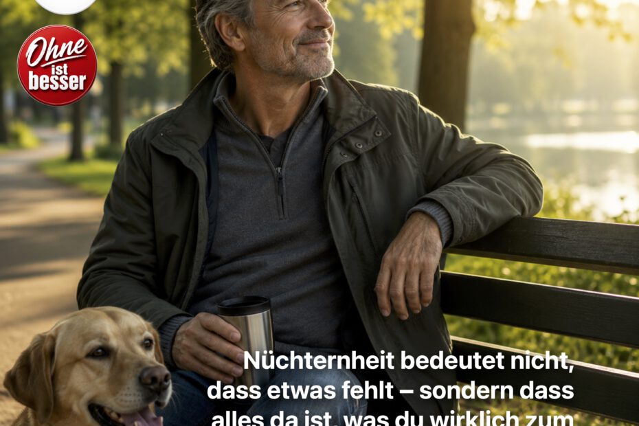 Ein Mann mittleren Alters sitzt an einem sonnigen Morgen entspannt auf einer Parkbank. Neben ihm liegt eine Zeitung, in seiner Hand hält er einen Thermobecher, und ein freundlicher Hund sitzt aufmerksam an seiner Seite. Die warme Stimmung, das ruhige Lächeln des Mannes und die friedliche Umgebung vermitteln Zufriedenheit, Gelassenheit und das Gefühl, dass im Leben nichts Wesentliches fehlt.