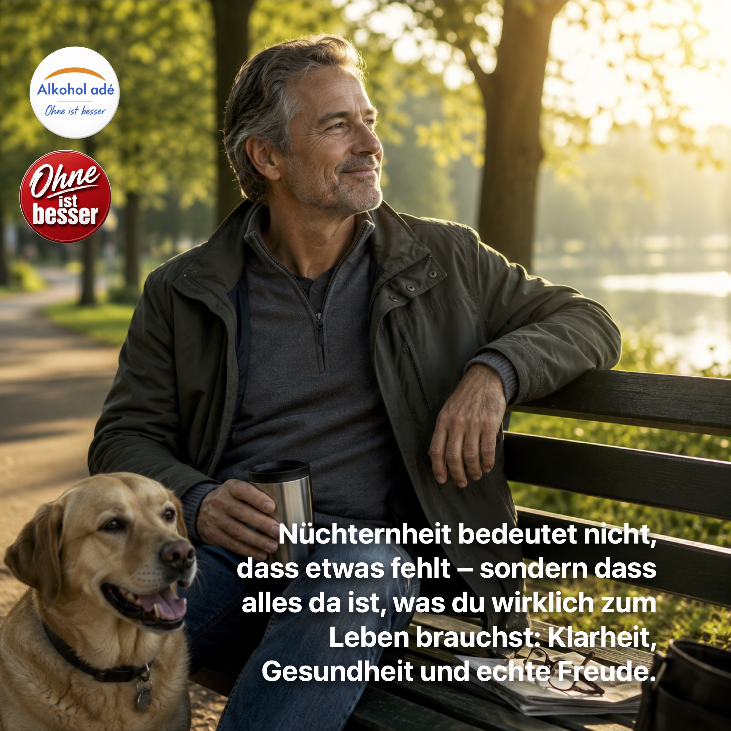Ein Mann mittleren Alters sitzt an einem sonnigen Morgen entspannt auf einer Parkbank. Neben ihm liegt eine Zeitung, in seiner Hand hält er einen Thermobecher, und ein freundlicher Hund sitzt aufmerksam an seiner Seite. Die warme Stimmung, das ruhige Lächeln des Mannes und die friedliche Umgebung vermitteln Zufriedenheit, Gelassenheit und das Gefühl, dass im Leben nichts Wesentliches fehlt.