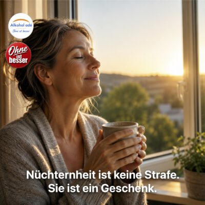 Eine Frau mittleren Alters sitzt am offenen Fenster und hält eine Tasse Kaffee in beiden Händen. Mit geschlossenen Augen genießt sie die warme Morgensonne auf ihrem Gesicht. Die ruhige Szene vermittelt Frieden, Gelassenheit und die Freude über einen klaren, nüchternen Start in den Tag.