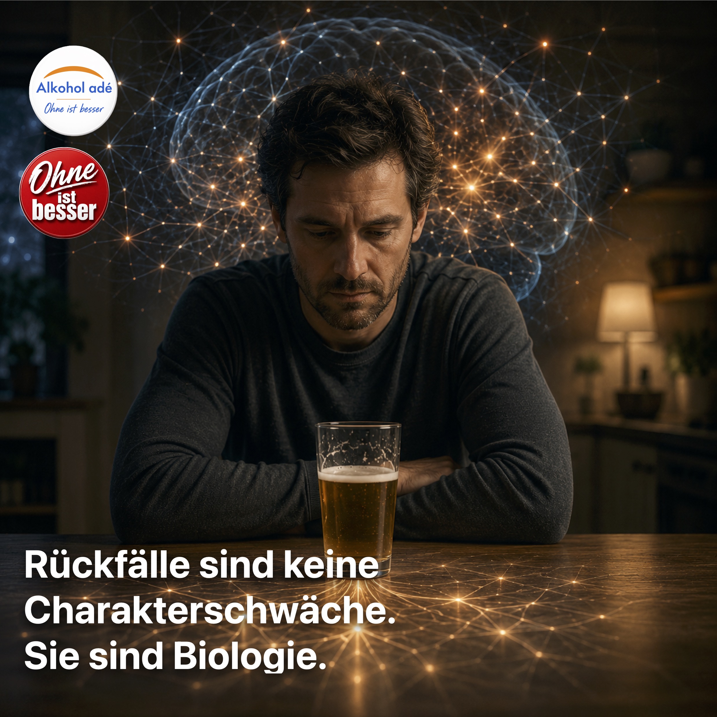 Nachdenklicher Mann sitzt allein an einem Küchentisch und blickt auf ein Glas Bier vor sich. Hinter seinem Kopf und auf der Tischoberfläche symbolisieren leuchtende neuronale Netzwerke die biologischen Prozesse des Suchtgedächtnisses und die anhaltende Wirkung von Alkohol auf das Belohnungssystem des Gehirns.