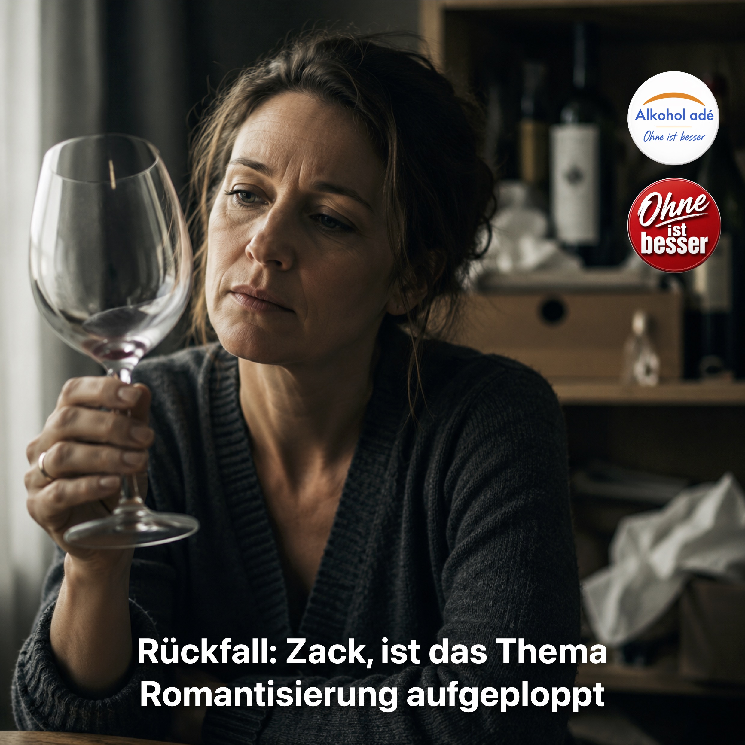 Nachdenklicher Blick durch ein leeres Weinglas – Romantisierung der Trinkzeit bei Alkoholsucht