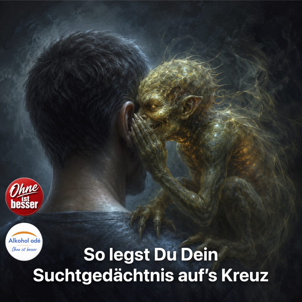Eine Person ist von hinten zu sehen. Auf ihrer Schulter sitzt ein kleines, unheimliches Wesen mit reptilienhaften Zügen und flüstert ihr ins Ohr. Die Kreatur wirkt wie eine greifbar gewordene innere Versuchung oder ein störender Gedanke. Dunkle Blau- und Grautöne kontrastieren mit dem gelbgrün schimmernden Einflüsterer und erzeugen eine nachdenkliche, psychologisch aufgeladene Stimmung.