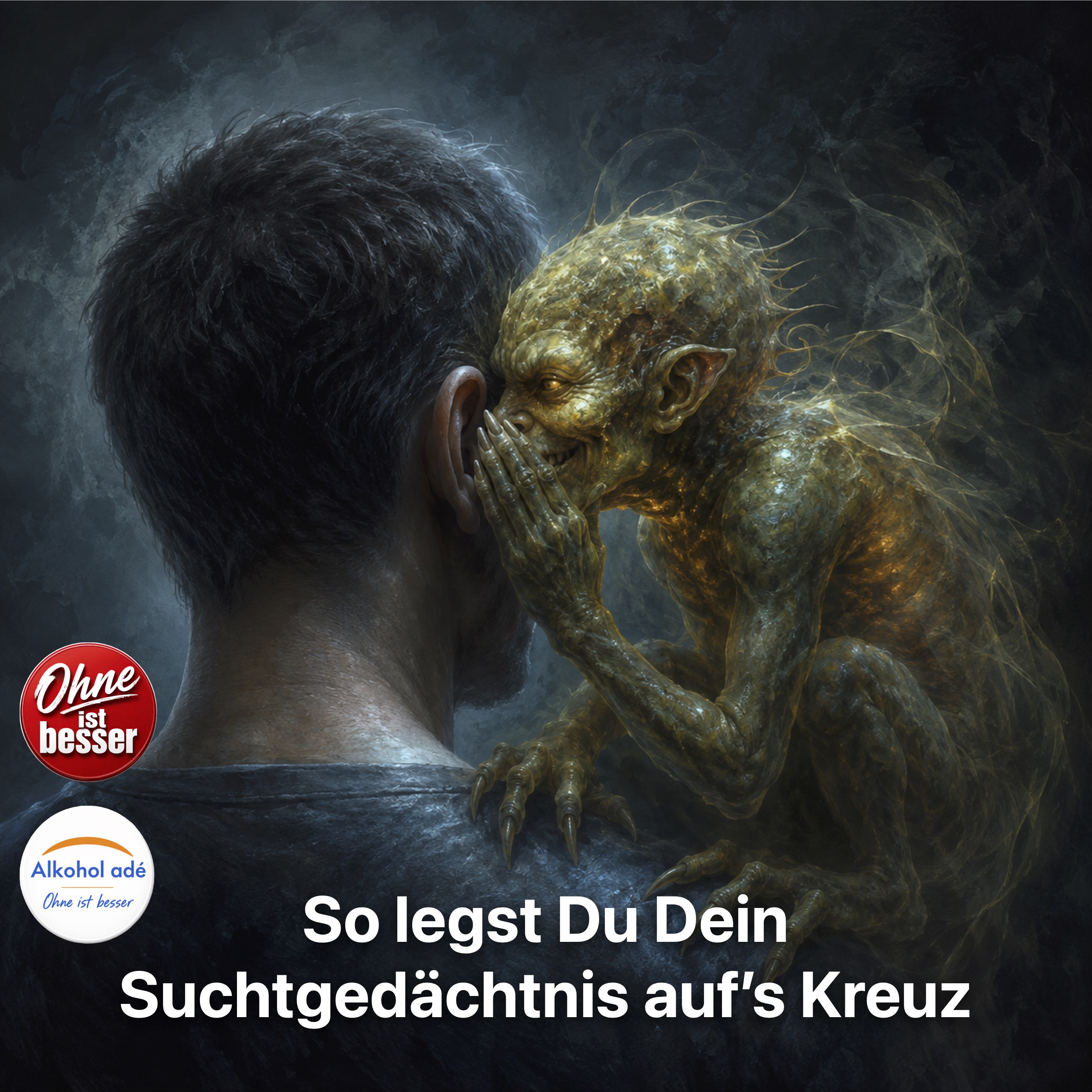 Eine Person ist von hinten zu sehen. Auf ihrer Schulter sitzt ein kleines, unheimliches Wesen mit reptilienhaften Zügen und flüstert ihr ins Ohr. Die Kreatur wirkt wie eine greifbar gewordene innere Versuchung oder ein störender Gedanke. Dunkle Blau- und Grautöne kontrastieren mit dem gelbgrün schimmernden Einflüsterer und erzeugen eine nachdenkliche, psychologisch aufgeladene Stimmung.