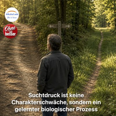 Ein Mann mittleren Alters steht an einer Weggabelung im Wald. Vor ihm führt ein breiter, ausgetretener Pfad in die eine Richtung, während ein schmaler, kaum begangener Weg durch das Gras in die andere führt. Nachdenklich betrachtet er beide Wege im warmen Licht der Abendsonne. Das Bild symbolisiert alte Gewohnheiten und die Entscheidung für einen neuen Lebensweg.