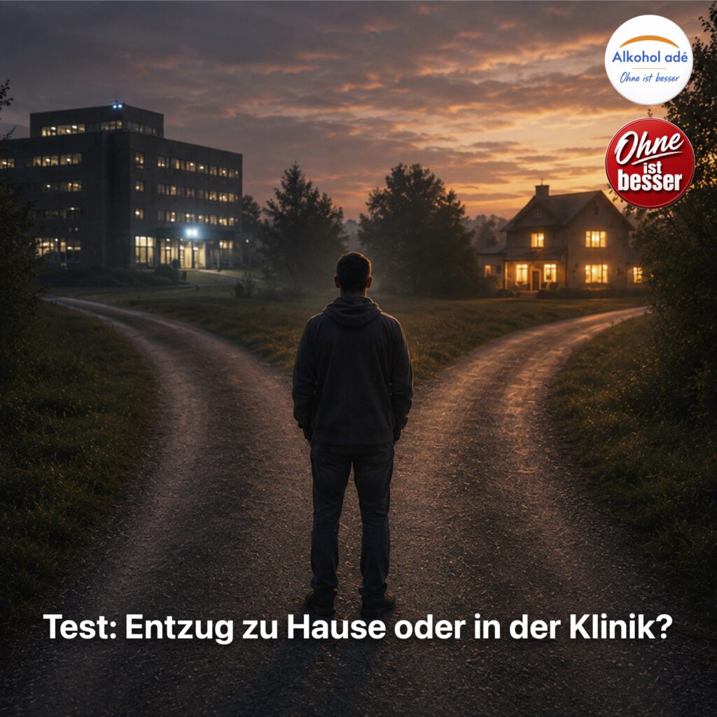 Mann steht an einer Weggabelung in der Abenddämmerung und überlegt, welchen Weg er für seinen Alkoholentzug wählen soll.