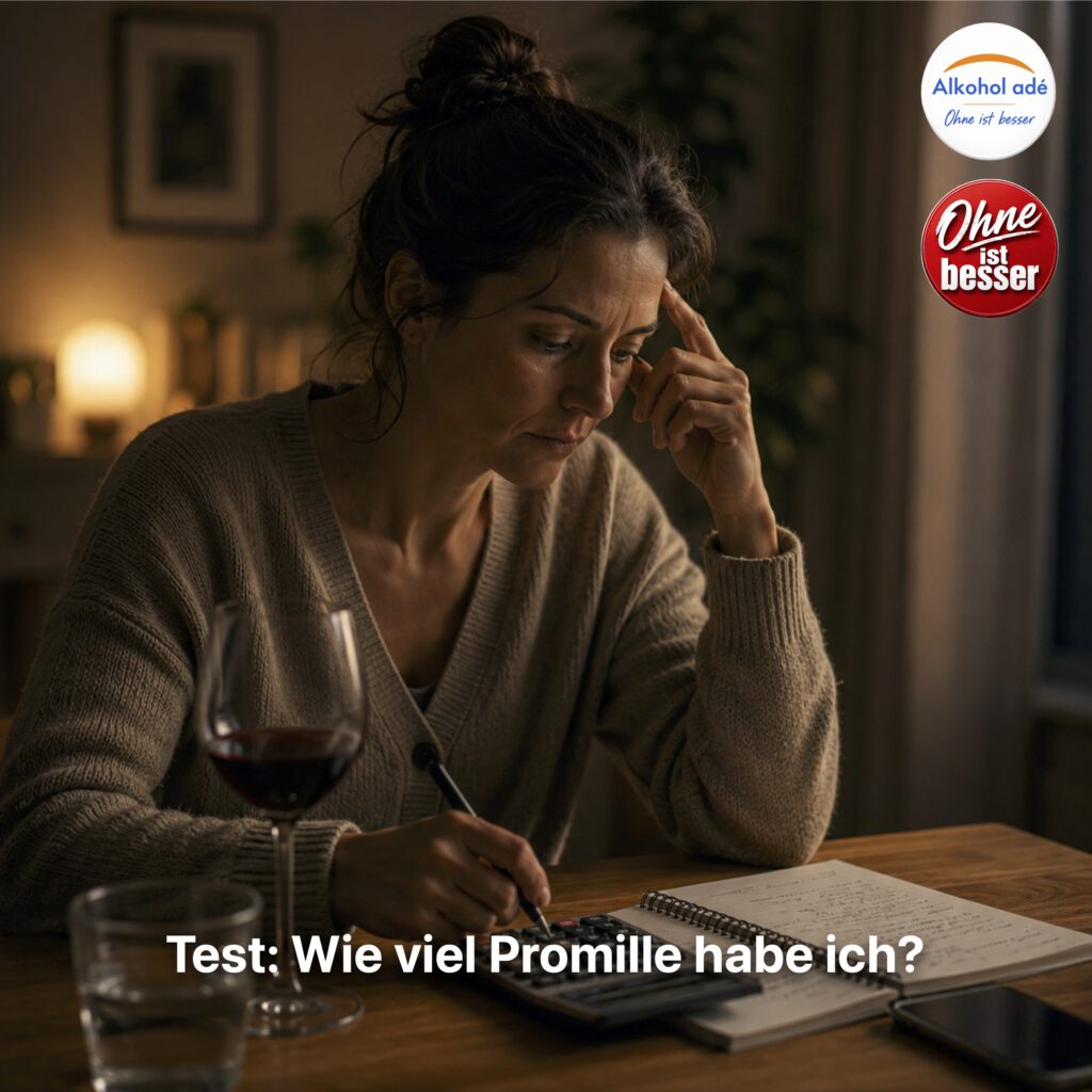 Nachdenkliche Frau sitzt an einem Holztisch mit Taschenrechner, Notizblock und Weinglas und schätzt ihren Alkoholkonsum ein.